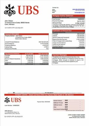 Monaco UBS (Monaco) mortgage statement Word and PDF template