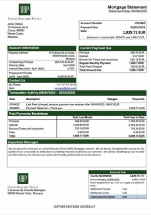Monaco Union Bancaire Privée (UBP) mortgage statement Word and PDF template