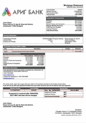 Mongolia Arig Bank mortgage statement Word and PDF template