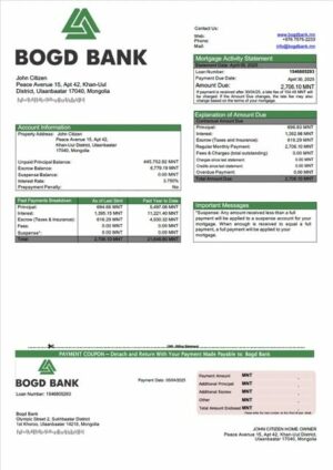 Mongolia Bogd Bank mortgage statement Word and PDF template