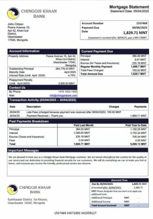 Mongolia Chinggis Khaan Bank mortgage statement Word and PDF template