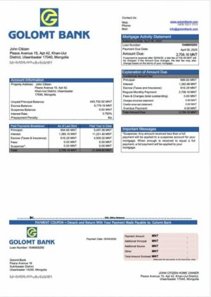 Mongolia Golomt Bank mortgage statement Word and PDF template