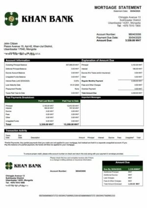 Mongolia Khan Bank mortgage statement Word and PDF template