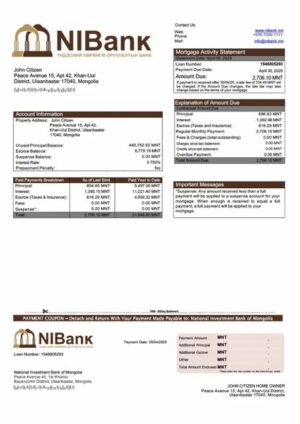 Mongolia National Investment Bank of Mongolia mortgage statement Word and PDF template