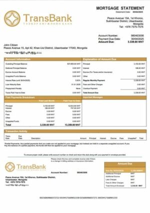 Mongolia Trans Bank mortgage statement Word and PDF template