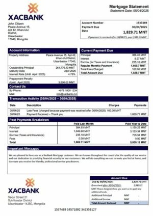 Mongolia XacBank mortgage statement Word and PDF template