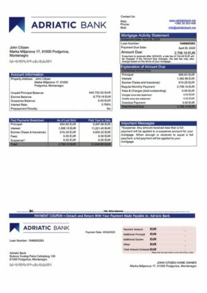 Montenegro Adriatic Bank mortgage statement Word and PDF template