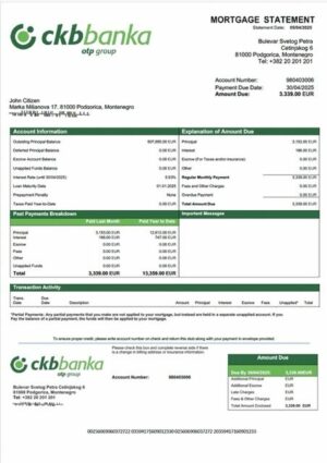 Montenegro Crnogorska komercijalna banka mortgage statement Word and PDF template