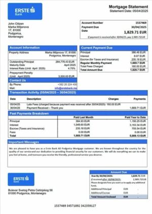 Montenegro Erste Bank AD Podgorica mortgage statement Word and PDF template