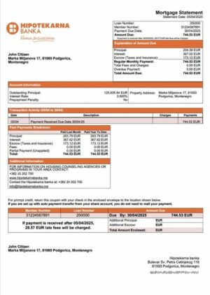 Montenegro Hipotekarna banka mortgage statement Word and PDF template