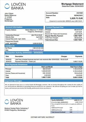 Montenegro Lovćen banka AD mortgage statement Word and PDF template