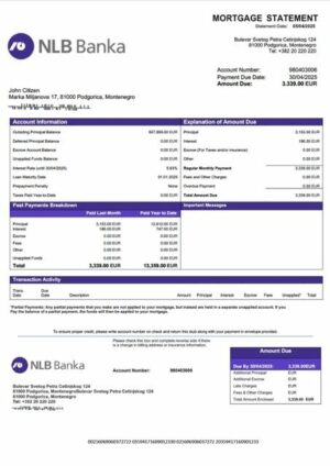 Montenegro NLB Banka Podgorica mortgage statement Word and PDF template