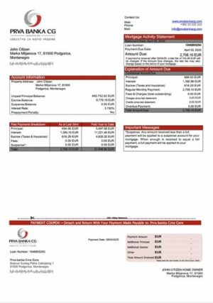 Montenegro Prva banka Crne Gore mortgage statement Word and PDF template