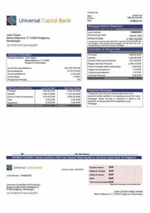 Montenegro Universal Capital Bank AD Podgorica mortgage statement Word and PDF template