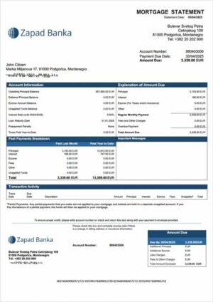 Montenegro Zapad banka AD mortgage statement Word and PDF template