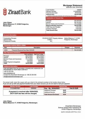 Montenegro Ziraat Bank Montenegro mortgage statement Word and PDF template