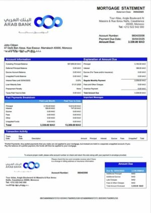 Morocco Arab Bank mortgage statement Word and PDF template