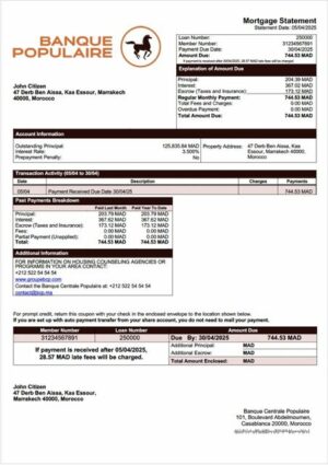 Morocco Banque Centrale Populaire mortgage statement Word and PDF template