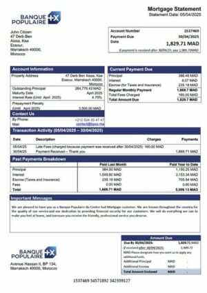 Morocco Banque Populaire du Centre-Sud mortgage statement Word and PDF template