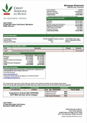 Morocco Crédit Agricole du Maroc mortgage statement Word and PDF template