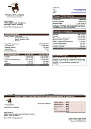 Morocco Mediafinance mortgage statement Word and PDF template