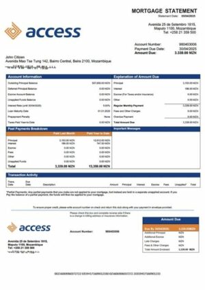 Mozambique Access Bank Mozambique mortgage statement Word and PDF template