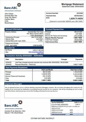 Mozambique African Banking Corporation mortgage statement Word and PDF template