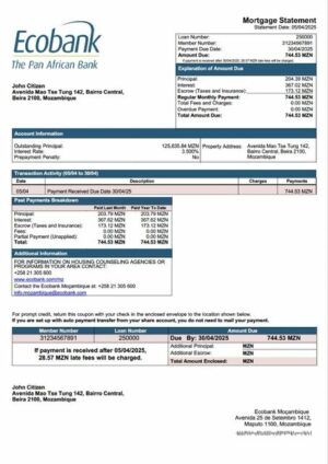 Mozambique Ecobank Moçambique mortgage statement Word and PDF template