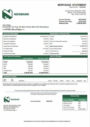 Mozambique Nedbank Moçambique mortgage statement Word and PDF template