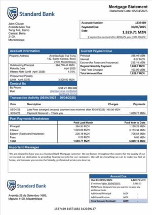 Mozambique Standard Bank mortgage statement Word and PDF template