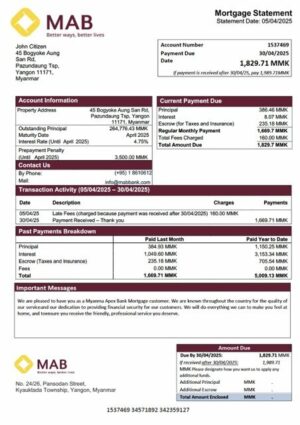 Myanma Apex Bank mortgage statement Word and PDF template