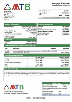 Myanma Tourism Bank mortgage statement Word and PDF template