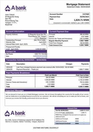 Myanmar A Bank mortgage statement Word and PDF template