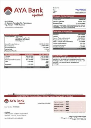 Myanmar AYA Bank mortgage statement Word and PDF template