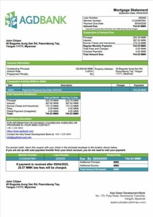 Myanmar Asia Green Development (AGD) Bank mortgage statement Word and PDF template