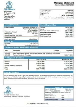 Myanmar CHID Bank mortgage statement Word and PDF template