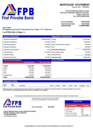 Myanmar First Private Bank mortgage statement Word and PDF template