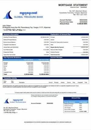 Myanmar Global Treasure Bank mortgage statement Word and PDF template