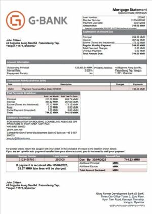 Myanmar Glory Farmer Development Bank (G Bank) mortgage statement Word and PDF template
