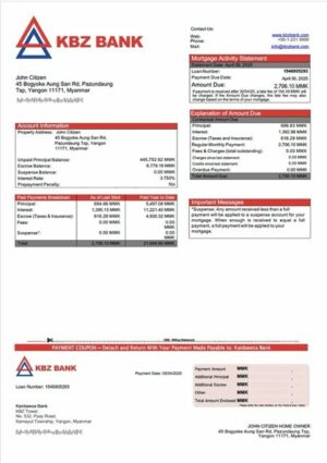 Myanmar Kanbawza Bank mortgage statement Word and PDF template