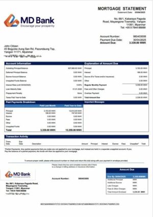 Myanmar MD Bank mortgage statement Word and PDF template
