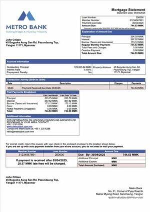 Myanmar Metro Bank mortgage statement Word and PDF template