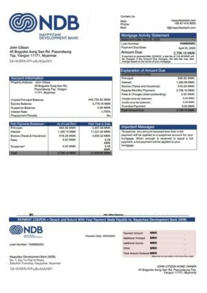 Myanmar Naypyitaw Development Bank (NDB) mortgage statement Word and PDF template