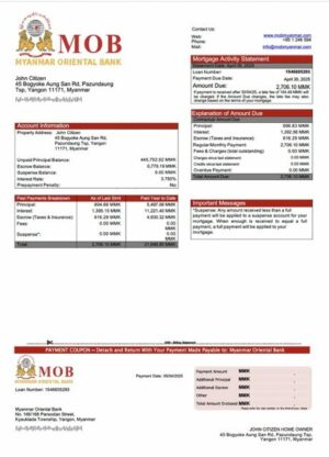 Myanmar Oriental Bank mortgage statement Word and PDF template