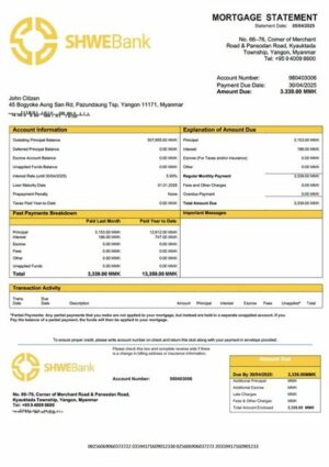Myanmar Shwe Bank mortgage statement Word and PDF template