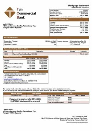 Myanmar Tun Foundation Bank mortgage statement Word and PDF template