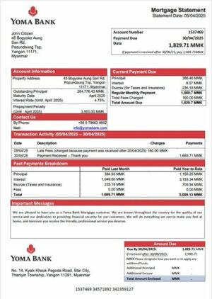 Myanmar Yoma Bank mortgage statement Word and PDF template