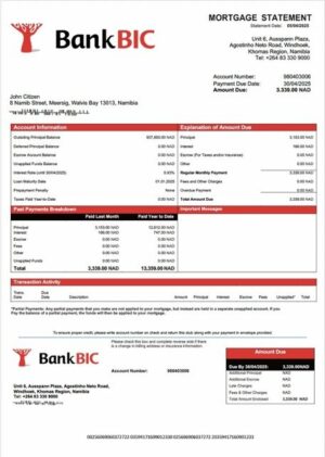 Namibia Bank BIC Namibia mortgage statement Word and PDF template
