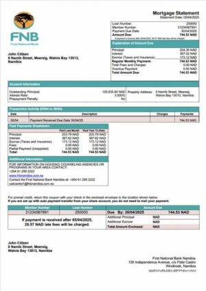 Namibia First National Bank Namibia Limited mortgage statement Word and PDF template