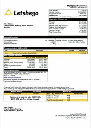 Namibia Letshego Bank Namibia mortgage statement Word and PDF template